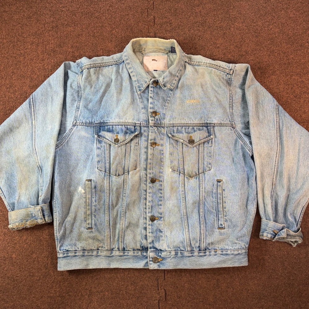 Vintage‎ Stanco Light Wash Denim Trucker Jacket Mens Blue Distressed WPL 13500